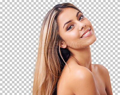 Buy stock photo Happy, beauty and portrait of natural woman on isolated, png and transparent background for skincare. Dermatology, salon aesthetic and face of female person smile with makeup, cosmetics and wellness