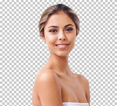 Buy stock photo Young, natural beauty and woman face with cosmetics isolated on a transparent, png background. Happy portrait, makeup glow and young female person with confidence and smile from skincare wellness