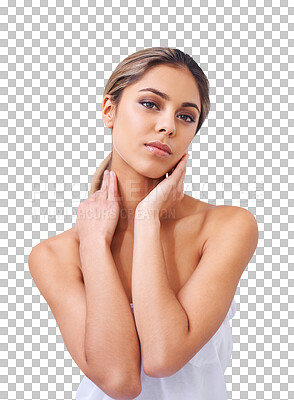 Buy stock photo Beauty, portrait and woman with hands on face for skincare isolated on transparent png background. Natural skin care, dermatology and model with luxury cosmetic glow, make up and facial spa treatment