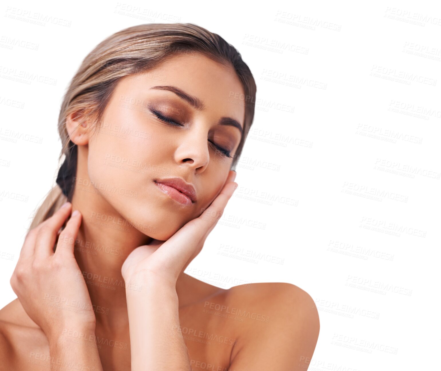 Buy stock photo Woman, natural beauty and relax with cosmetics and makeup isolated on a transparent, png background. Skincare glow, female face care and dermatology with facial treatment and eyeshadow feeling calm