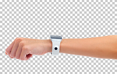 Buy stock photo Watch, fist bump and hand with technology, time and web isolated on a transparent, png background, Digital gadget, device and futuristic product of tech and clock on arm and wrist  with screen