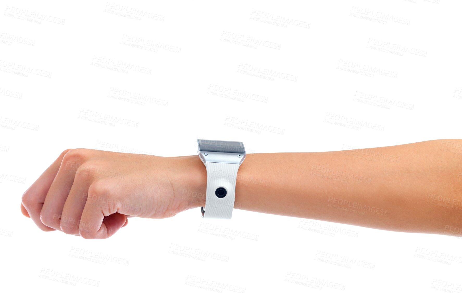 Buy stock photo Watch, fist bump and hand with technology, time and web isolated on a transparent, png background, Digital gadget, device and futuristic product of tech and clock on arm and wrist  with screen