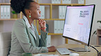 Black woman, thinking and typing on computer for business or website strategy in digital marketing at office. Thoughtful African American female looking at homepage on PC screen in corporate planning