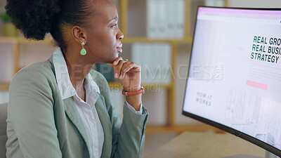 Buy stock photo Business, computer screen and black woman in office,  thinking and planning with ideas, career and project development. African person, employee or consultant with a strategy or pc in a workplace