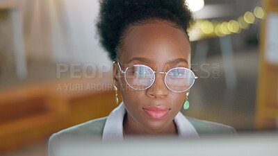 Buy stock photo Business, thinking and black woman with glasses, solution and professional with problem solving, planning and brainstorming. African person, employee and consultant with eyewear, reflection and idea 