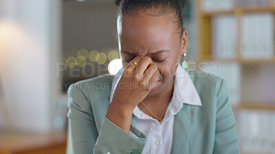 Buy stock photo Black woman, headache and stress in burnout, mistake or financial crisis or overworked at night by office. Frustrated African female person or business employee working late with migraine in debt