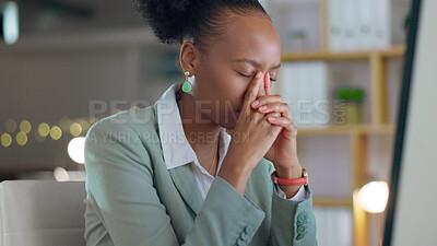 Buy stock photo Stress, headache and black woman in office with fatigue, problem and overworked with health issue. African person, employee and consultant with computer, migraine and burnout with anxiety and tired
