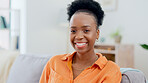 Black woman, face and smile on sofa in home living room with comic laugh, relax or peace in morning, Girl, lounge couch and happiness in portrait in house for me time, freedom or sitting in apartment