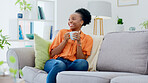 Relax, black woman on couch and coffee on break, smile and cheerful in living room. African American female, lady and tea for peace, sofa and happiness with quality time, natural aroma and gratitude