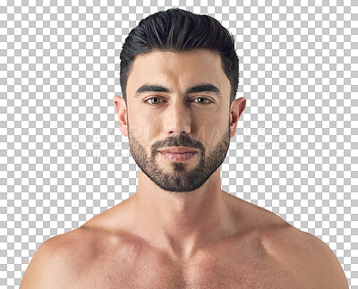 Buy stock photo Face, portrait and skin care of a man isolated on transparent, png background. Dermatology, cosmetics and Arab person or aesthetic model with natural glow, beauty and facial hair or wellness results