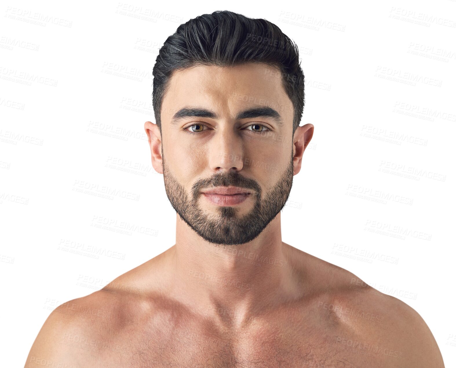 Buy stock photo Face, portrait and skin care of a man isolated on transparent, png background. Dermatology, cosmetics and Arab person or aesthetic model with natural glow, beauty and facial hair or wellness results