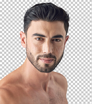 Buy stock photo Skin care, face and portrait of a man isolated on transparent, png background. Dermatology, cosmetics and Arab person or aesthetic model with natural glow, beauty and facial hair or wellness results