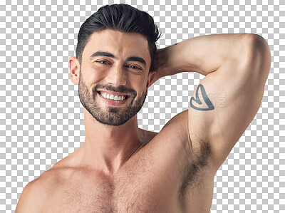 Buy stock photo Face, skincare and happy man with muscle isolated on a transparent png background. Portrait, natural beauty or male model with cosmetics in spa facial treatment for wellness, aesthetic or skin health