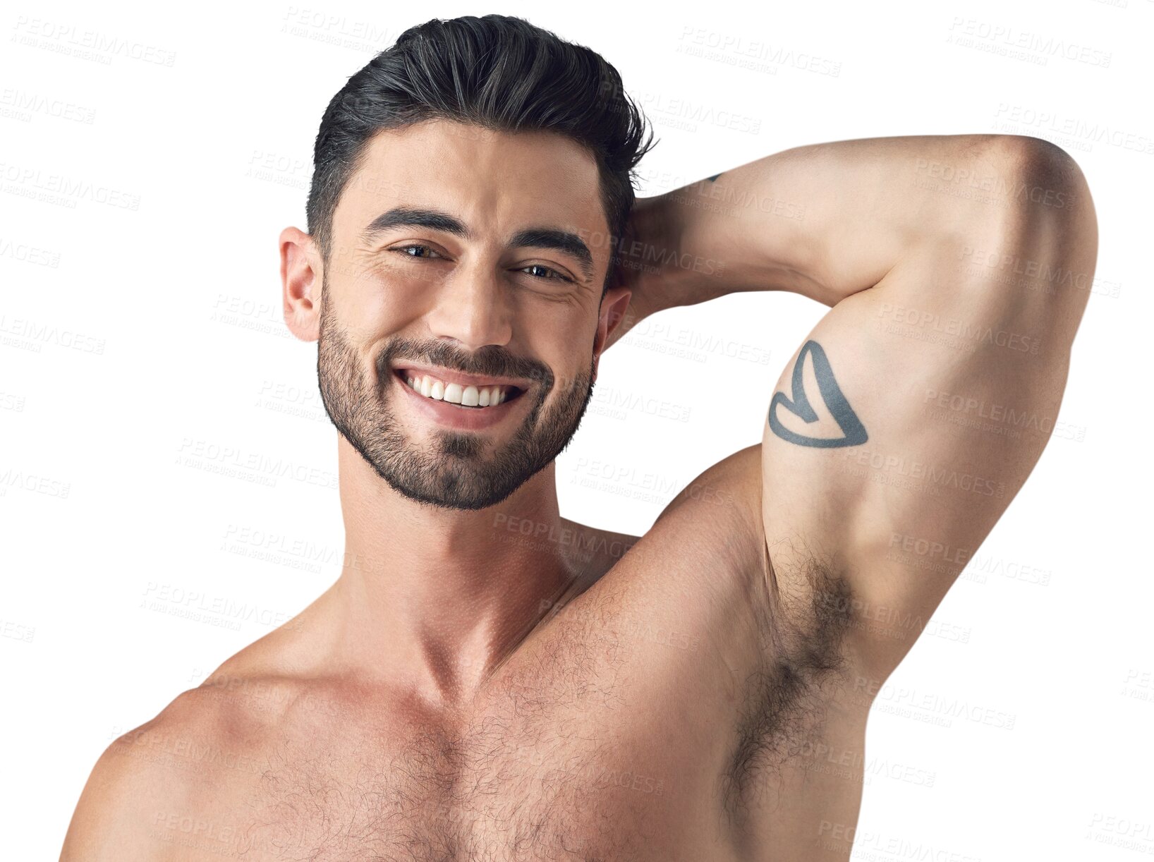 Buy stock photo Face, skincare and happy man with muscle isolated on a transparent png background. Portrait, natural beauty or male model with cosmetics in spa facial treatment for wellness, aesthetic or skin health