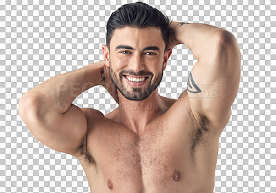 Buy stock photo Skin, hair and face portrait of a man isolated on transparent, png background. Dermatology, cosmetics and Arab person or aesthetic model with natural glow, facial beauty or smile for wellness results