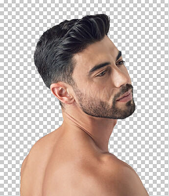 Buy stock photo Face, hair care and beard of a man isolated on transparent, png background. Barber, cosmetics and Arab person or aesthetic model profile for natural skin glow, beauty and grooming or wellness results