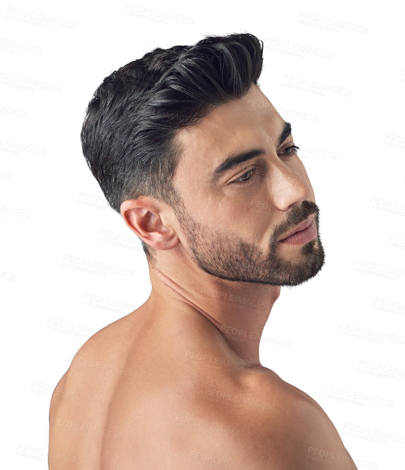 Buy stock photo Face, hair care and beard of a man isolated on transparent, png background. Barber, cosmetics and Arab person or aesthetic model profile for natural skin glow, beauty and grooming or wellness results