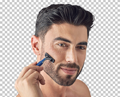 Buy stock photo Razor, shaving beard and face of man isolated on transparent, png background. Hair removal, facial epilation and Arab person or aesthetic model for skin care, beauty and grooming or wellness results