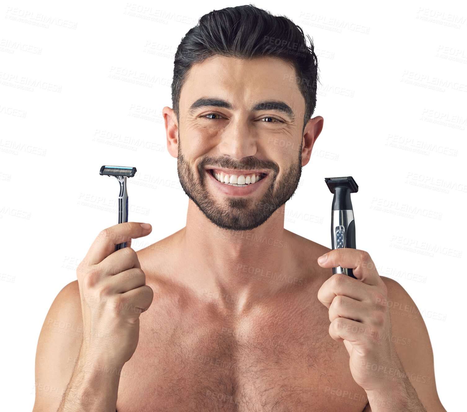 Buy stock photo Grooming, beauty and portrait of man shaving for skincare with a razor machine isolated in a transparent or png background. Face, wellness and young male person smile with clean beard or facial hair