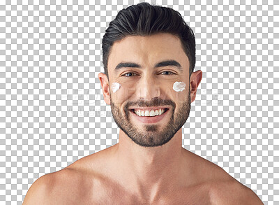 Buy stock photo Portrait, wellness or happy man with face cream for skincare isolated on transparent png background. Beauty, smile or handsome person with facial glow, lotion creme cosmetics or dermatology product