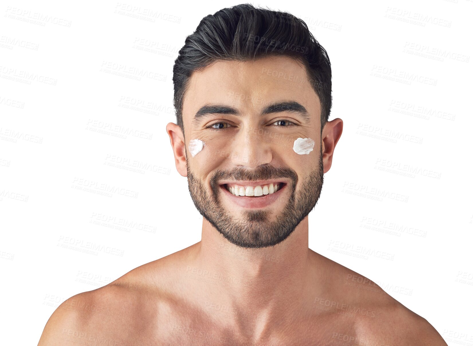 Buy stock photo Portrait, wellness or happy man with face cream for skincare isolated on transparent png background. Beauty, smile or handsome person with facial glow, lotion creme cosmetics or dermatology product