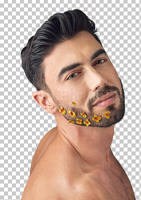 Buy stock photo Flowers, portrait or man with beauty, beard or confidence isolated on transparent png background. Dermatology face transformation, skincare or male person with facial glow, wellness or floral plants