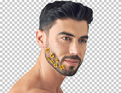 Buy stock photo Flowers, skincare or man with beauty, beard or confidence isolated on transparent png background. Dermatology face transformation, wonder or person thinking of facial glow, wellness or floral plants