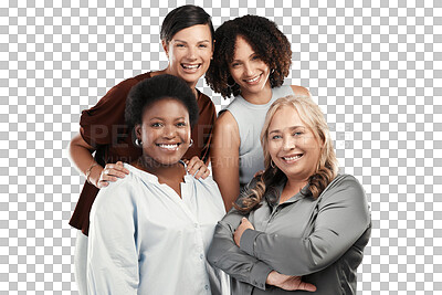 Buy stock photo Happy business women, diversity and portrait smile in unity for leadership isolated on a transparent PNG background. Group of corporate woman employees standing in confidence for team management