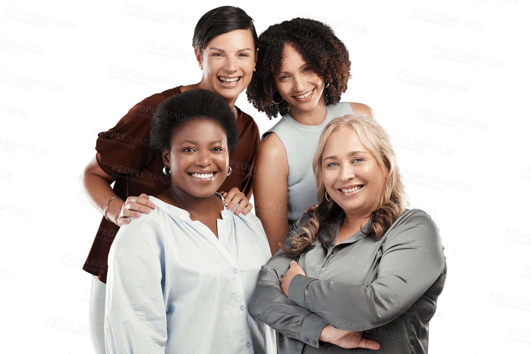 Buy stock photo Happy business women, diversity and portrait smile in unity for leadership isolated on a transparent PNG background. Group of corporate woman employees standing in confidence for team management