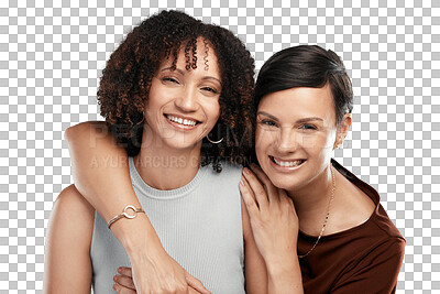 Buy stock photo Happy, hugging and portrait of girl friends with love, care and friendship for support. Happiness, smile and women embracing with a positive mindset together isolated by a transparent png background.