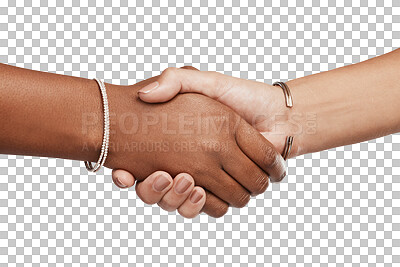Buy stock photo Woman, handshake and meeting in support partnership isolated on a transparent PNG background. People or women shaking hands for trust, agreement or team approval together in solidarity for teamwork