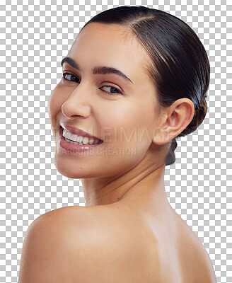 Buy stock photo Portrait, woman and smile for beauty, skincare and cosmetics for facial care on transparent, isolated or png background. Girl, face of model and happy with skin, makeup or person at salon or spa