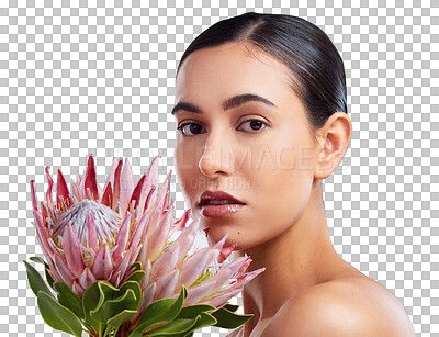 Buy stock photo Woman, face and natural beauty with flower, makeup and cosmetic care isolated on transparent png background. Skin glow, nature and eco friendly skincare with female model in portrait and dermatology