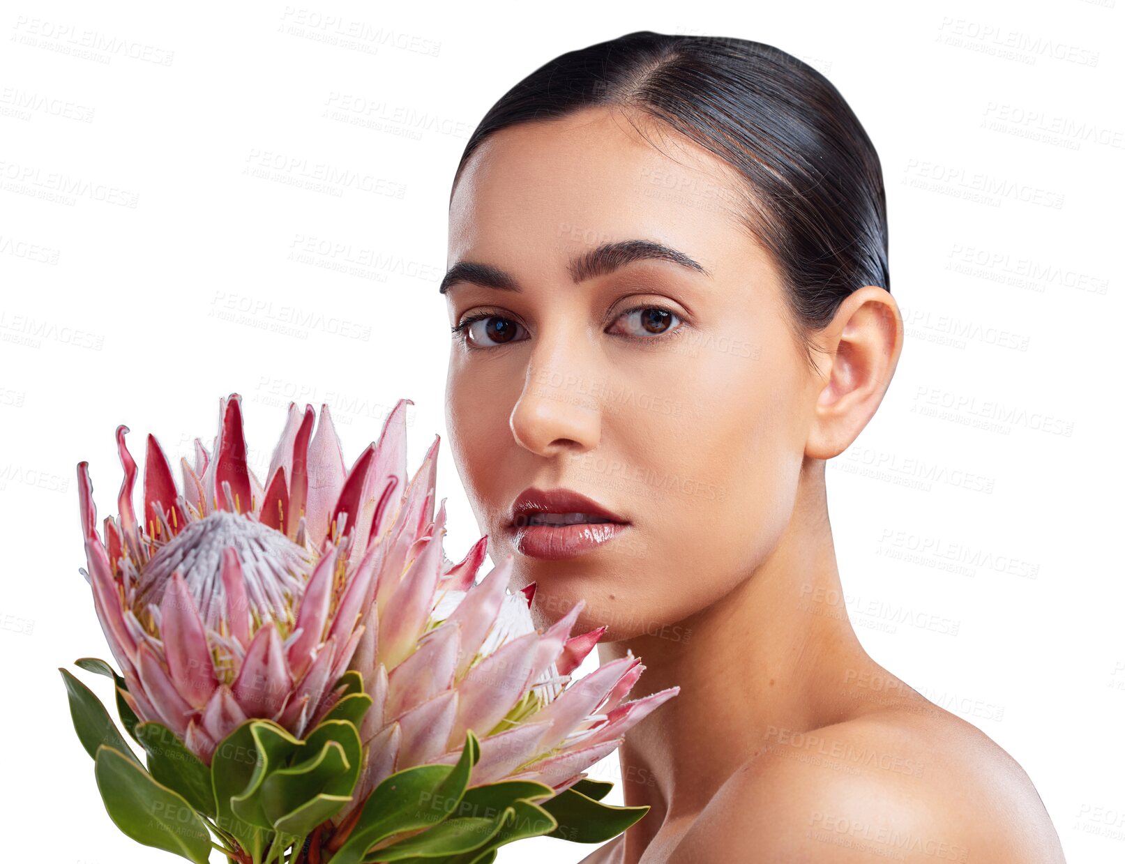 Buy stock photo Woman, face and natural beauty with flower, makeup and cosmetic care isolated on transparent png background. Skin glow, nature and eco friendly skincare with female model in portrait and dermatology