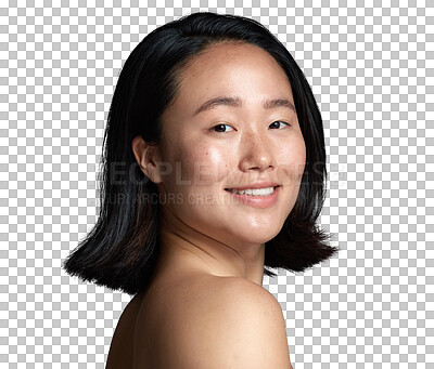 Buy stock photo Happy asian woman, face and portrait of natural beauty isolated on a transparent PNG background. Japanese female person with smile and short hair for perfect skincare, salon or facial spa treatment