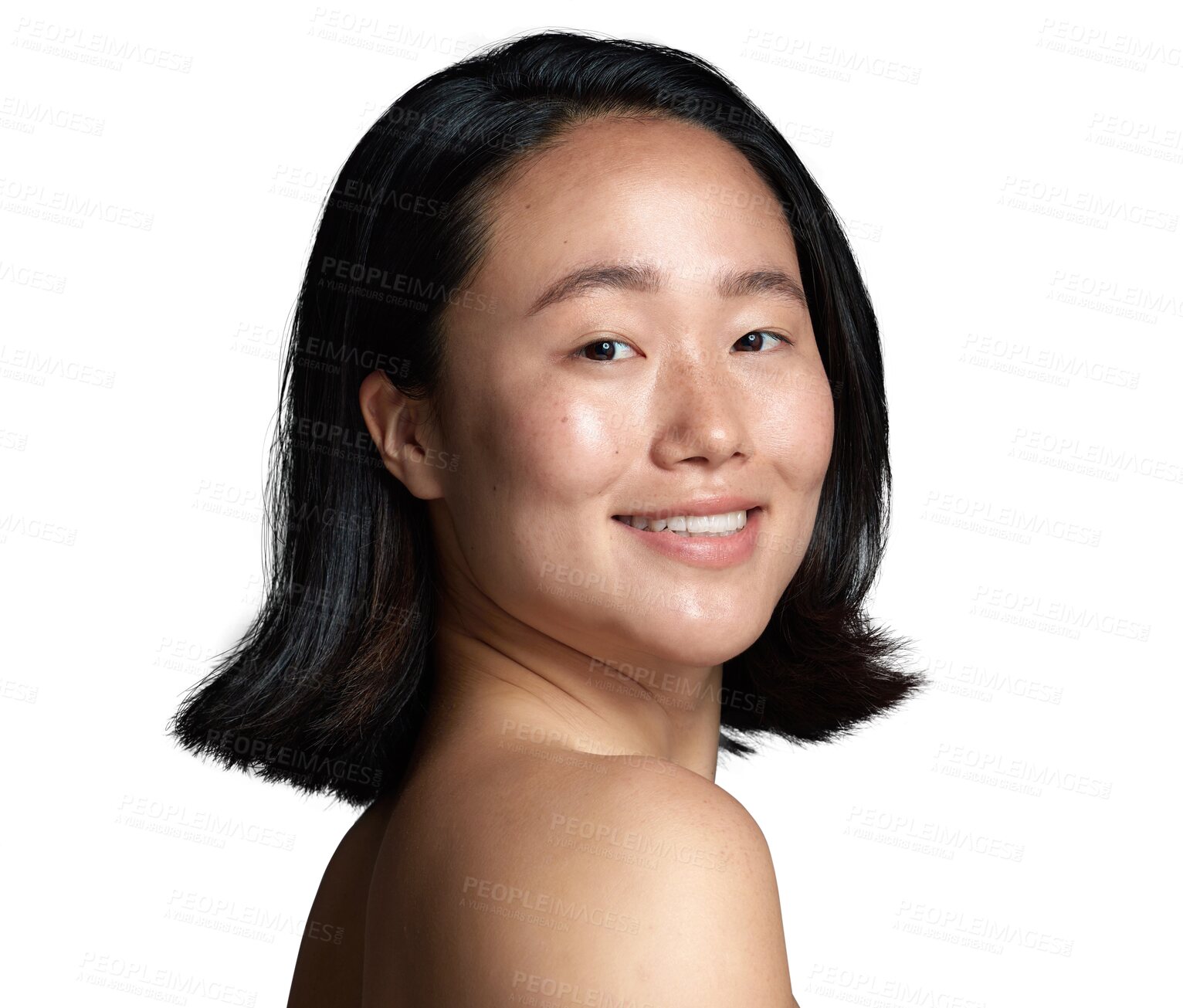 Buy stock photo Happy asian woman, face and portrait of natural beauty isolated on a transparent PNG background. Japanese female person with smile and short hair for perfect skincare, salon or facial spa treatment