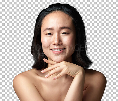 Buy stock photo Beauty, skincare and happy with portrait of asian woman on transparent background for glow, self care and cosmetics. Spa, natural and dermatology with face of female person isolated on png for facial