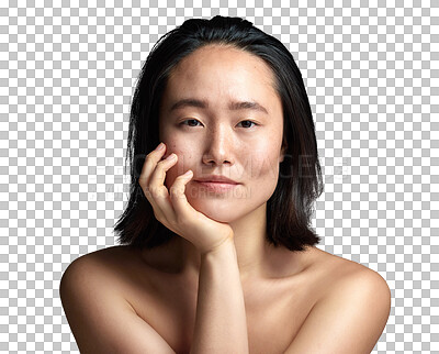 Buy stock photo Portrait, skincare and glow with face of asian woman on transparent background for cosmetic, spa and self care. Natural, wellness and health with female person isolated on png for beauty treatment