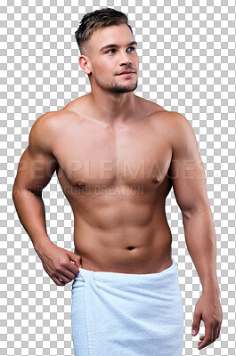Buy stock photo Body, thinking and man in towel isolated on a transparent png background. Muscle, fitness and male model with cloth after shower for exercise, training or workout for health, wellness and bodybuilder
