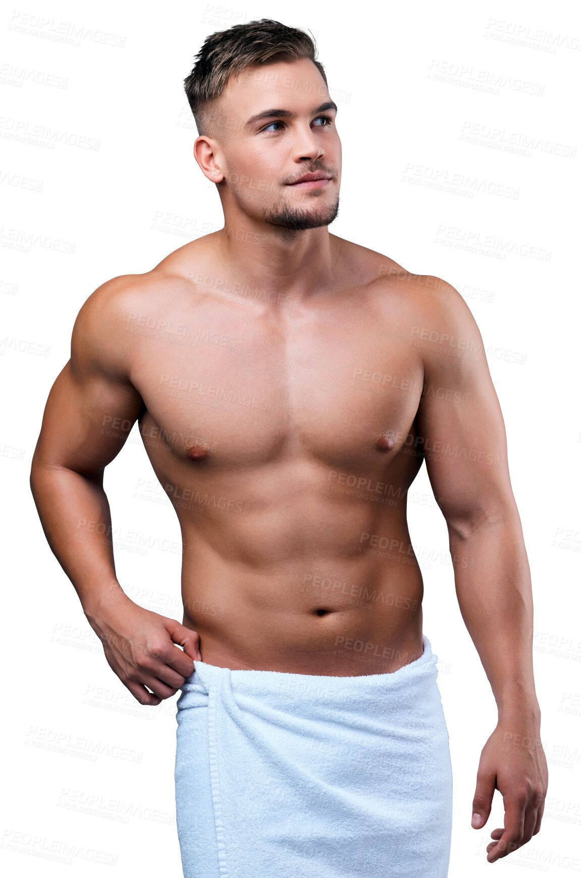 Buy stock photo Body, thinking and man in towel isolated on a transparent png background. Muscle, fitness and male model with cloth after shower for exercise, training or workout for health, wellness and bodybuilder