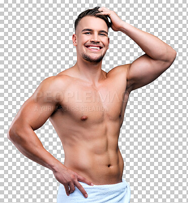 Buy stock photo Shower, happy and portrait of man with towel for cleaning on isolated, PNG and transparent background. Skincare, health and male person with muscle after washing for wellness, grooming and hygiene