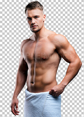 Buy stock photo Body, portrait and man in towel isolated on a transparent png background. Muscle, fitness and serious male model with cloth after shower for exercise, training or workout for health, wellness and abs