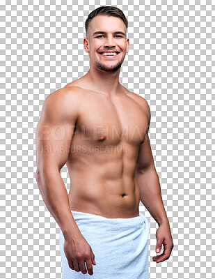 Buy stock photo Portrait, muscle and man with skincare, towel and model isolated against a transparent background. Male person, cosmetics or guy with hygiene, dermatology and cleaning with png, muscular and grooming