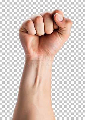 Buy stock photo Fist, protest and person hand closeup for. fight, justice or strong sign isolated on transparent, png background. Power emoji, solidarity and people with gender equality, revolution or human rights