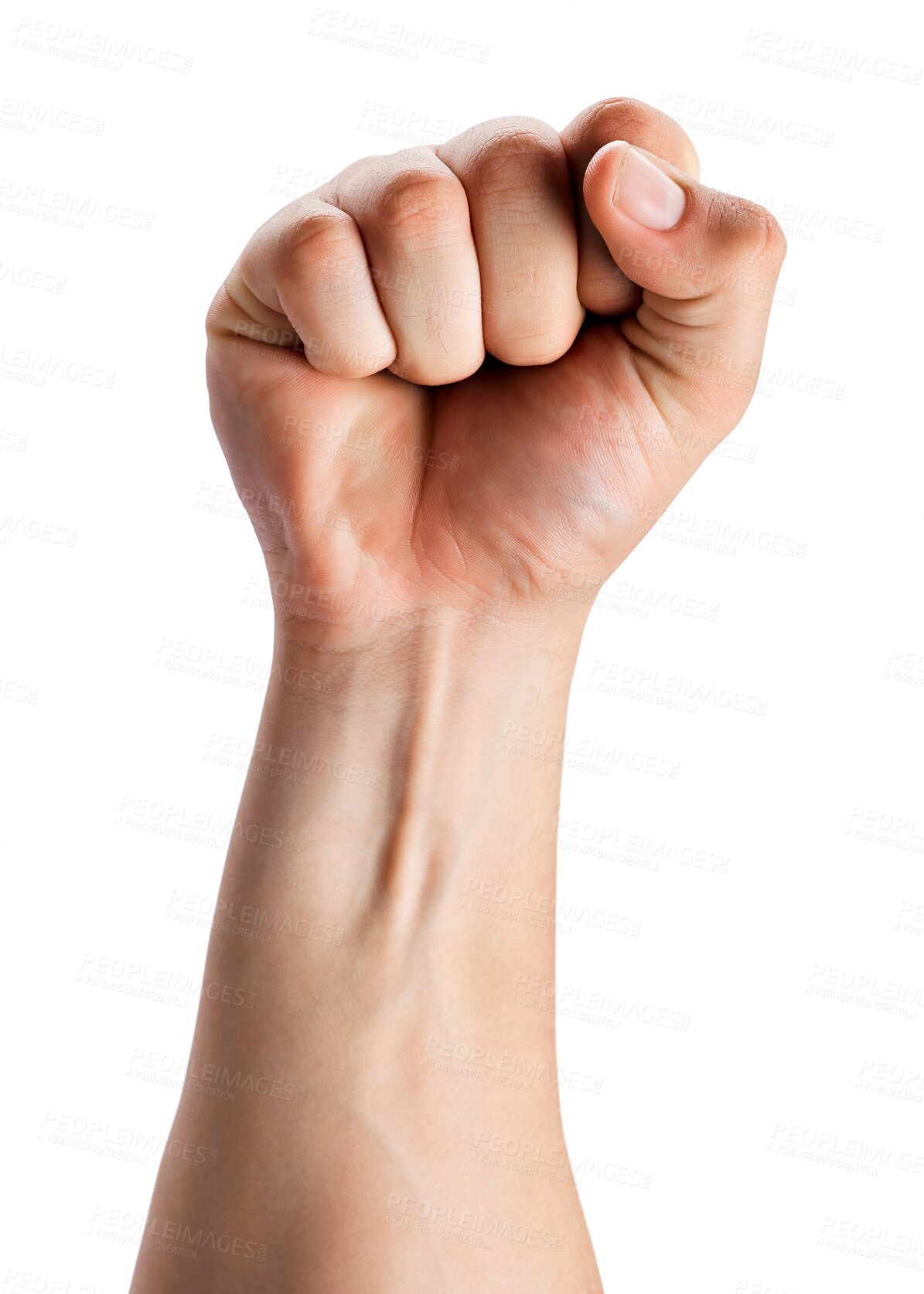 Buy stock photo Fist, protest and person hand closeup for. fight, justice or strong sign isolated on transparent, png background. Power emoji, solidarity and people with gender equality, revolution or human rights