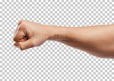 Buy stock photo Hand, fist and strong person sign or power gesture for support and win isolated in a transparent or png background. Greeting, skin and symbol or forearm for a fight or punch by a winner winning