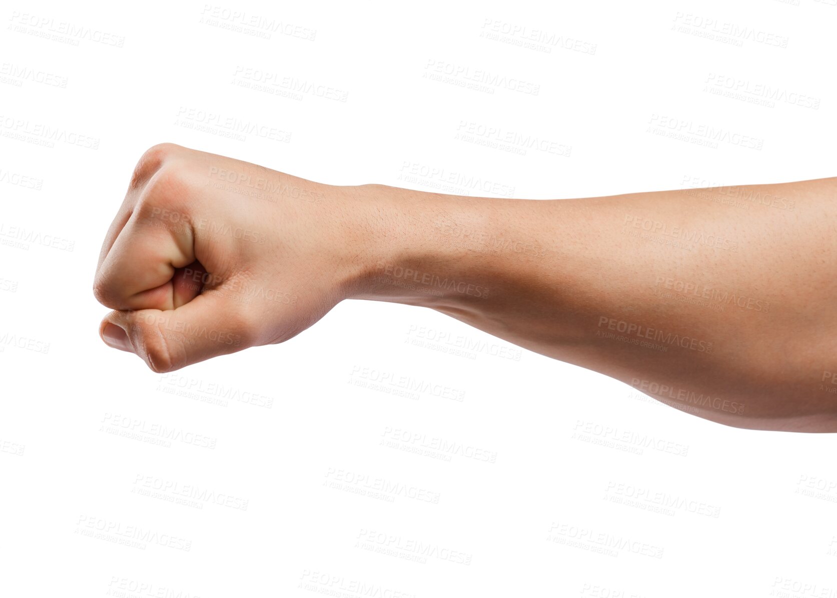 Buy stock photo Hand, fist and strong person sign or power gesture for support and win isolated in a transparent or png background. Greeting, skin and symbol or forearm for a fight or punch by a winner winning