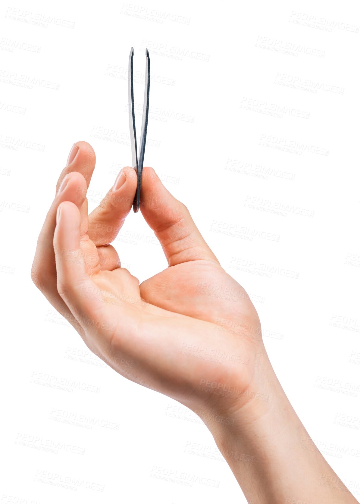 Buy stock photo Tweezers, hand and cosmetic tools for health and plucking eyebrow isolated on a transparent, png background. Hands closeup of a person advertising hair removal, epilation and spa cosmetology product