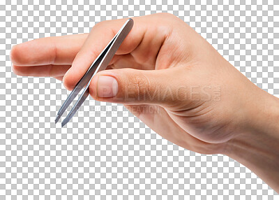 Buy stock photo Man, hand and tweezer for hair grooming, skincare or beauty tool isolated on a transparent PNG background. Hands of male person with equipment or pincer to pluck for body epilation or removal