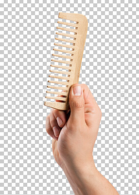 Buy stock photo Person, hand and comb for hair, grooming or style isolated on a transparent PNG background. Hands of man holding brushing or combing tool, equipment or brush for straighten, barber or salon treatment